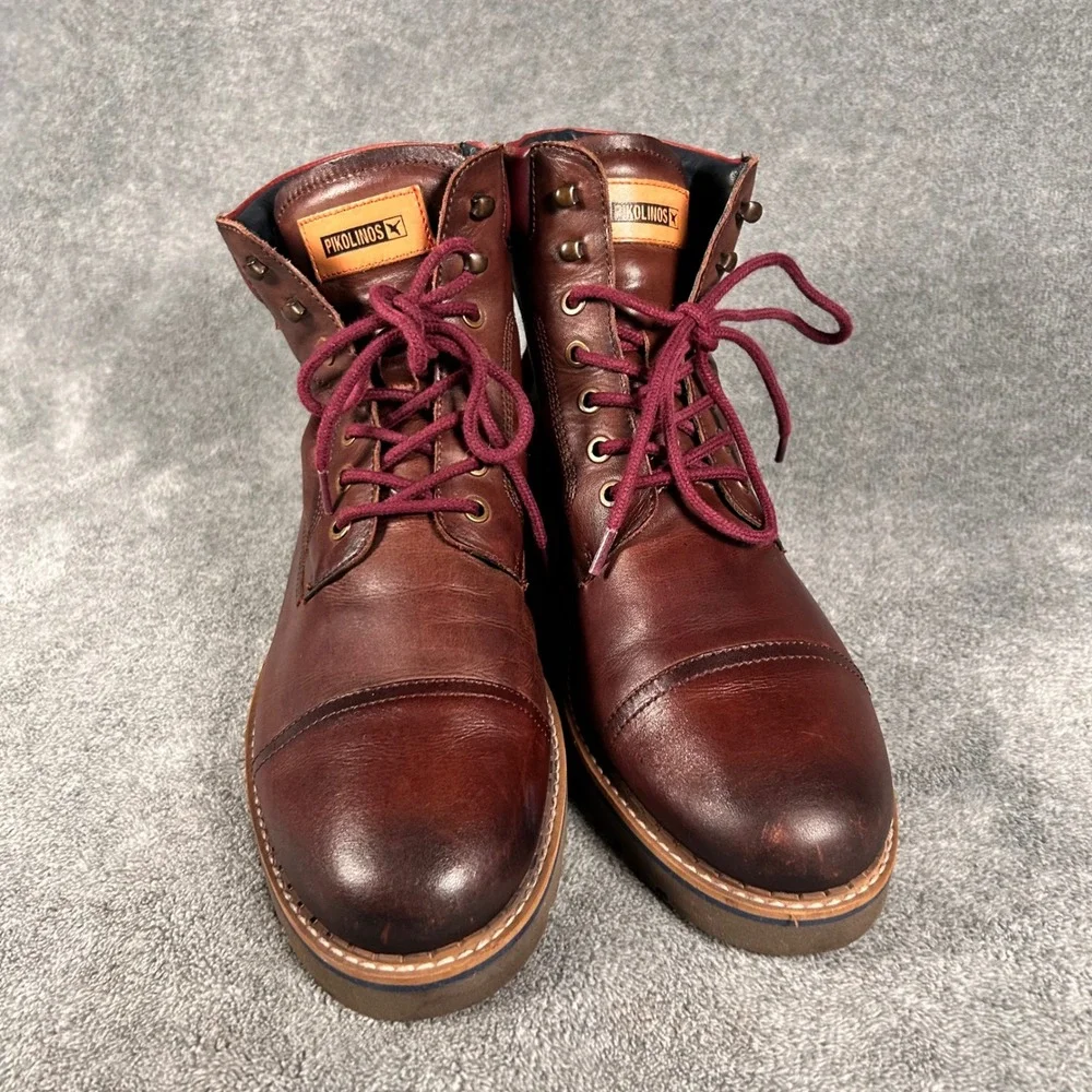 Pikolinos York Boots Brown Cognac Leather Burgundy Red Side Zip Mens 8 EU 41